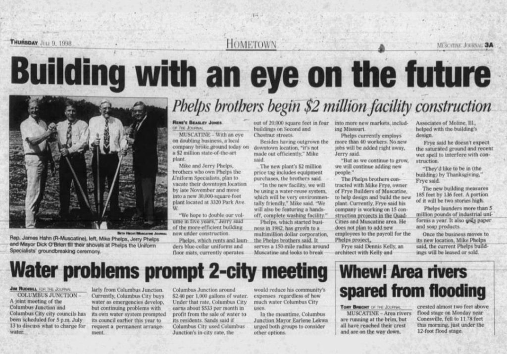 Phelps newspaper article on breaking ground for the laundry facility.